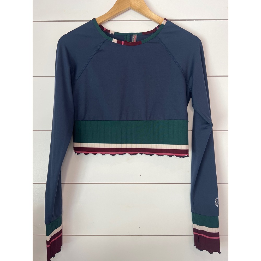 Free People Movement Long Sleeve Crop Top Navy Blue Green Colorblock Medium